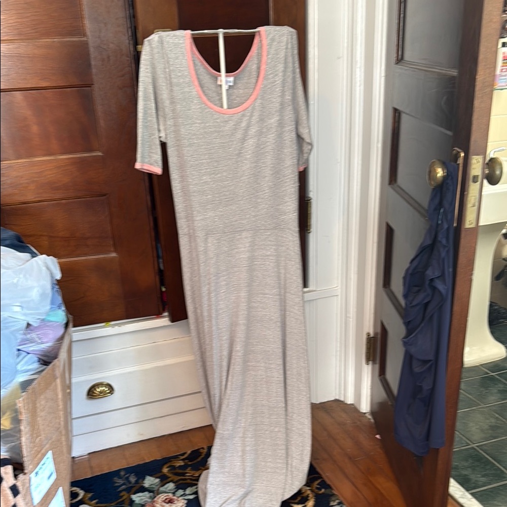 LuLaRoe Ana Heather Gray Maxi Dress with Coral Trim- NWT